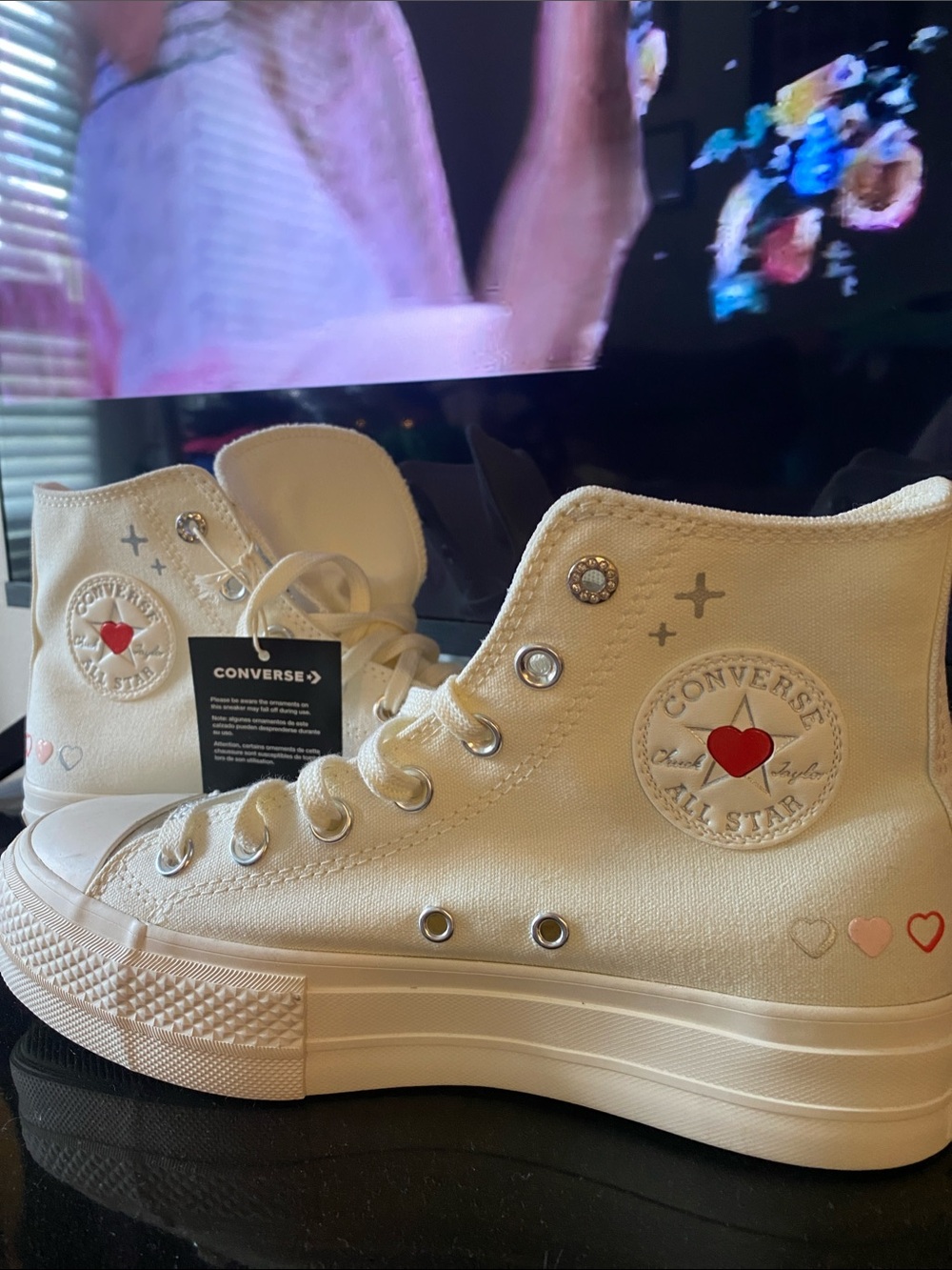 Converse Cream High Top Sneakers with Red Heart Accents